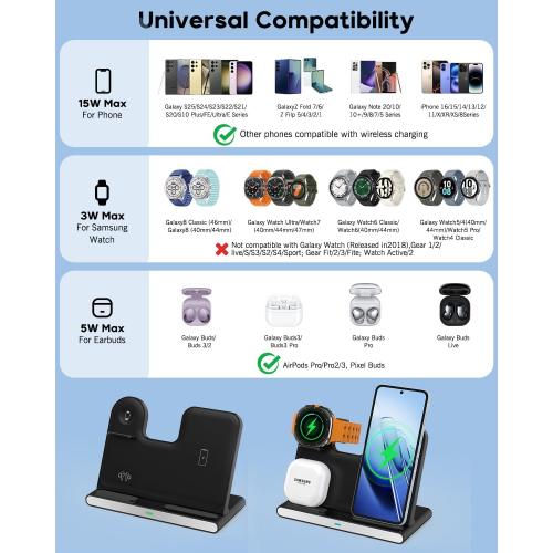3 in 1 Wireless Charger Fast Charging Stand for Samsung,15W Foldable Phone Charger Stand Android Charging Stand for Samsung Galaxy S25/S24/S23/S22 Ultra,Z Flip 6/Flip 7,Z Fold 6/Fold 7,iPhone 17/16/15