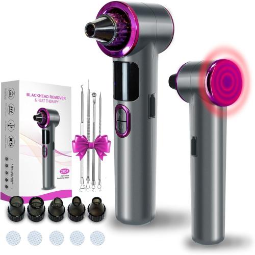 Blackhead Remover Vacuum with Heating, Blackhead Extractor 3 Adjustable Suction Levels 9 Modes, Pore Vacuum Blackhead Suction Remover, Comedone Extractor Kit for Deep Pore Cleaning - Purple