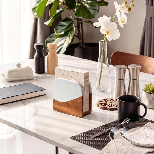 Havawish Acacia Wood Marble Napkin Holder, Trapezoid, White on Top