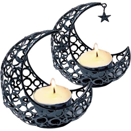 Moon Tea Light Candle Holder, Black Metal Decorative Candle Stand for Home Decor, Gift (2Pcs)