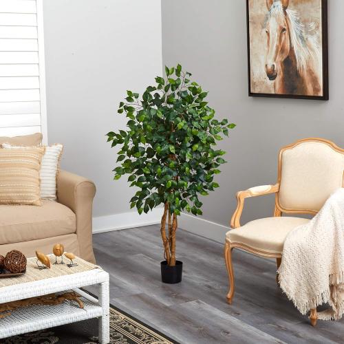 Nearly Natural 4ft Triple Trunk Artificial Ficus Tree with Natural Wood Trunks, Fake Tree for Indoor Home Décor, Faux Ficus Tree with Black Nursery Pot