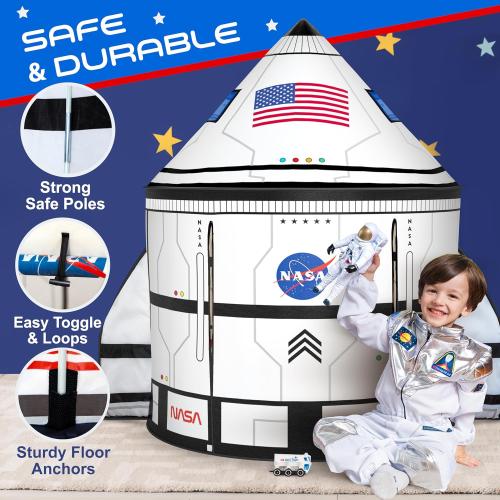 W&O Space Shuttle Explorer Tent with Blast-Off Button, LED Lights & 3 Space Toys – Rocket Ship Play Tent for Kids Ages 3-5