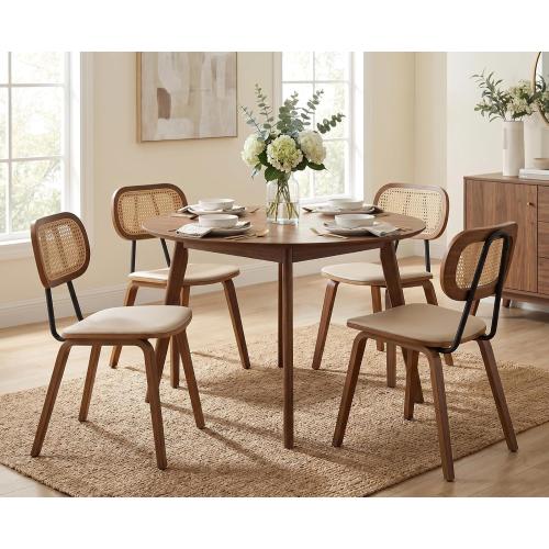 CIMOTA Mid Century Modern Dining Chairs Set of 2, Rattan Back Kitchen Chairs with Solid Wood Frame, Upholstered Faux Leather Seat, Armless Cane Dining Room Chair for Kitchen, Farmhouse, PU Beige