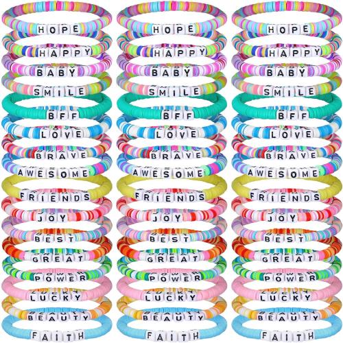 Landical 64 Pcs Friendship Bracelets Bulk Women Beaded Heishi Surfer Inspirational Stackable Party Favor Bracelet Pack Vinyl Beaded for Goody Bag Fillers Party Favors Gifts Valentine