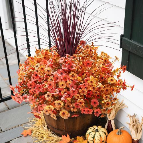 Fall Flowers Artificial Mums for Outdoors Autumn Decor, 12 Bundles Fake Fall Mums with 1 pcs Burgundy Grass UV Resistant Realistic Faux Flowers for Outside Home Porch Patio Planter Yard, Orange Yellow