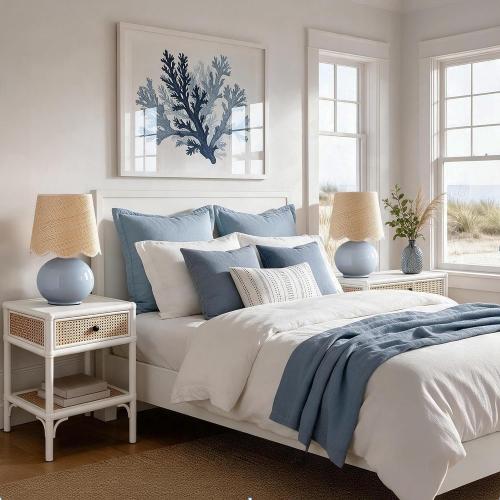 PARTPHONER Coastal Lamp, Small Ceramic Table Lamp, Light Blue Globe Base with Rattan Woven Shade, Rocker Switch Boho Bedside Lamp for Bedroom, Living Room, Kids Room, Bulb Included