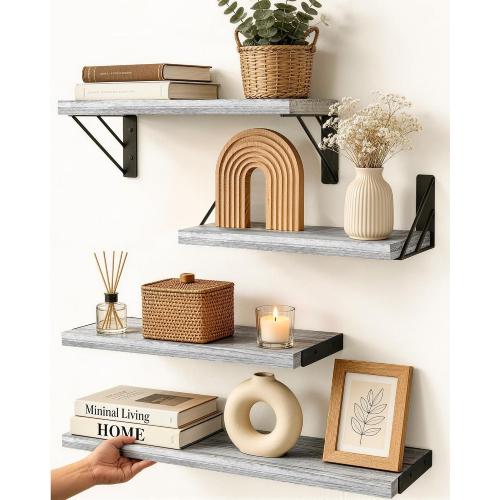 BAYKA Wall Mounted Floating Shelves (Gray and White, Set of 4, 16 Mixed)
