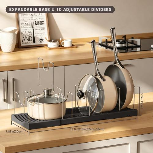 Magheo 2 Pack Pots and Pans Organizer Under Cabinet, Expandable 12.6-22.8 Kitchen Cabinet Organizer Holder with 10 Adjustable Dividers for Food Storage Container Lid, Cookie Sheet, Cookware(Black)