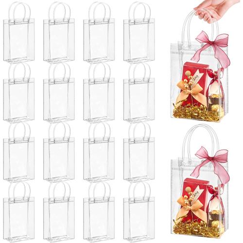 Jutieuo 24 Pack Clear Plastic Gift Bags with Handles, Reusable Transparent Party Favor Bags PVC Goodie Bags Bulk for Wedding, Baby Shower, Birthday (4.9 x 7.5 x 3.2)