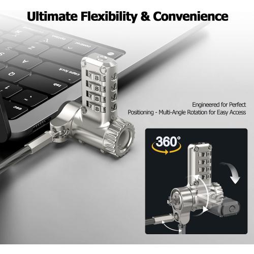 AboveTEK 3-in-1 Universal Laptop Cable Lock - Professional Laptop Security Combination Lock Compatible with K-Slot, Nano & Wedge Slot - Resettable 4-Digit Steel Locking Cable with 360° Rotating Head