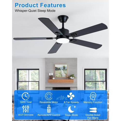 Coolwind 56 Inch Black Ceiling Fan with Display Remote/APP Control