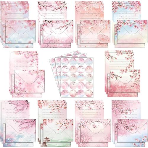 TaoBary 160 Pcs Stationery Paper Set 50 Double Sided Stationery Papers with 50 Matching Envelopes and 60 Round Dot Sticker, 10 Design(Cherry Blossom,5.5 x 8.25 Inch)