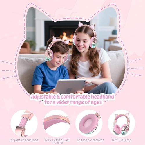 QearFun Kids Cat Ear Bluetooth Headphones, 60H, 74/85/94dB Volume Limit