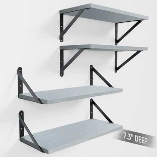 COCOYA Wall Shelves 7.3 Deep Solid Paulownia Wood (Grey, Set of 4)