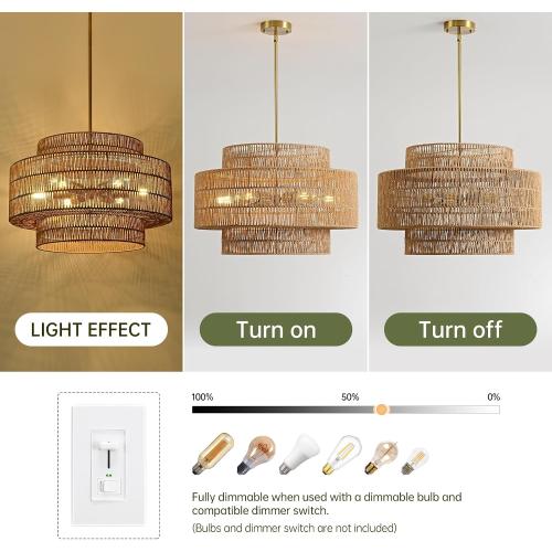 24” Boho Large Rattan Chandelier Light Fixture,6-Light Large Hand Woven Pendant Light Fixture Farmhouse Rustic Chandeliers for Kitchen Bedroom, Dining Room, Living Room, Hallway, Foyer