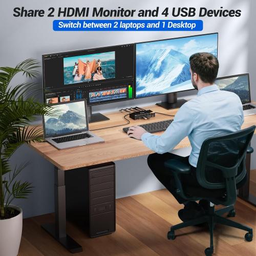 KCEVE KVM Switch 2 Monitors for 2 Laptops 1 Desktop, USB 3.0 KVM Switch 2 Monitors 3 Computers USB C HDMI Share 4 USB3.0 Device, 4K@60Hz, 100W PD, Wired Remote(4K USB C HDMI 3 in 2 Out KVM)