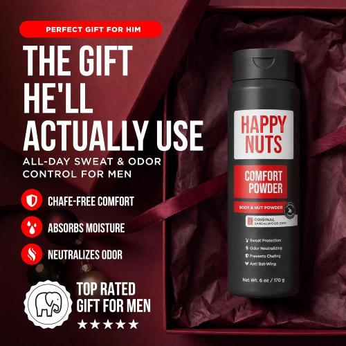 HAPPY NUTS Comfort Powder Deodorant For Men: Anti-Chafing, Sweat and Odor Control for Jock Itch, Aluminum-Free, 6 oz (1 Pack), Original Scent