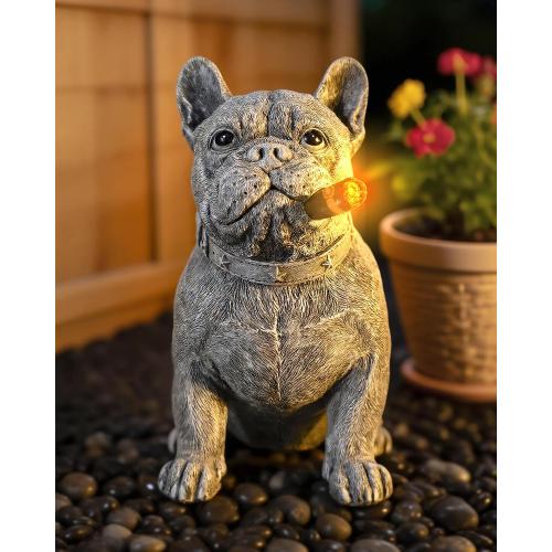 French Bulldog Solar Dog Garden Statue Frenchie Decor Outdoor Figurine
