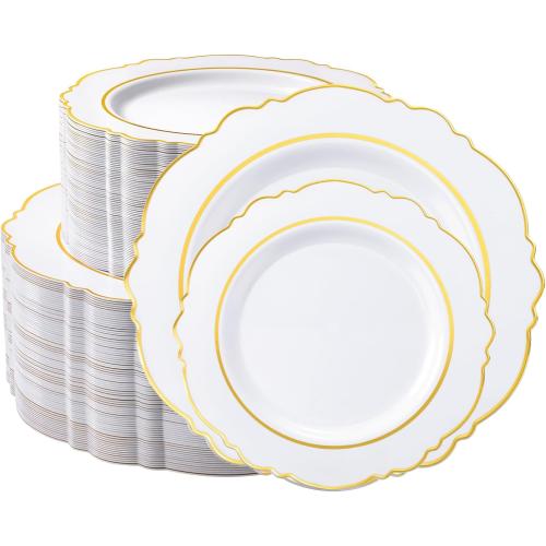 150PCS Plastic Plates with Gold Trim, Elegant Disposable Plates