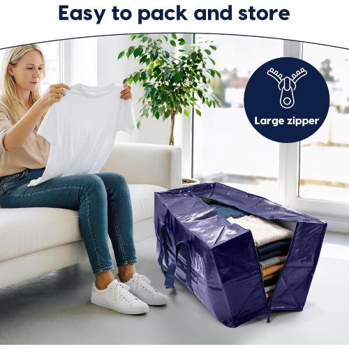2PK Moving Bags Heavy Duty 210GSM with Full-Open Side Zipper, 93L 220lbs Waterproof Foldable Storage Totes for College Dorm Move-In, Moving Boxes Alternative & Home Organization, Blue