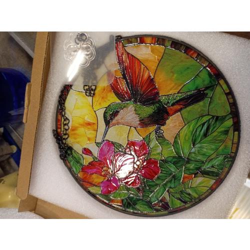 Stained Glass Suncatcher, Hummingbird Red Flowers Green Leaves Sun Catcher Stain Glass Window Hanging Decoration Mother's Day Birthday Gifts for Bird Lover Women Men Mom Nana 6.3 in