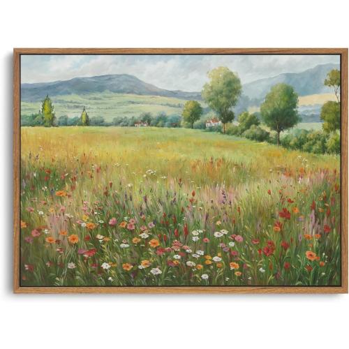 OIQArtOIQ Vintage Landscape Framed Wall Art Spring Countryside Colorful Wildflower Field Canvas Art Prints Farmhouse Cottagecore Pictures Wall Decor Rustic Meadow Paintings Artwork For Kitchen Bedroom