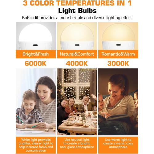 CordlessGlow Battery Operated Light Bulb with Remote，3 Colors   Dimmable   Touch Control Rechargeable Light Bulbs for no-Hardwired Fixture, up to 24 Hours,2Pack
