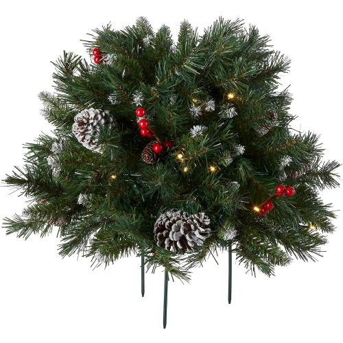 National Tree Company 18 in Pre-Lit Frosted Berry Artificial Christmas Urn Filler, Christmas Decoration with Pinecones, 35 Clear LED Lights, 175 Tips, Timer, Tripod Stake, Green