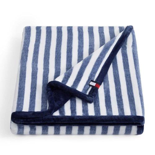 Laguna Beach Stripe 1-Piece White/Deep Blue Reversible Lush Plush Fleece 50 x 70 Throw Blanket