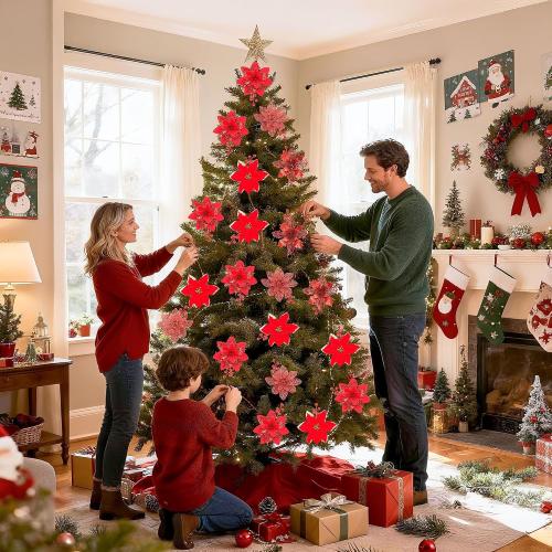 36 Pcs Poinsettia Flowers Artificial with Clips and Berry Stems Christmas Flowers Glitter Ornaments for Christmas Tree Wreath Fireplace Stairs Decorations (Red)