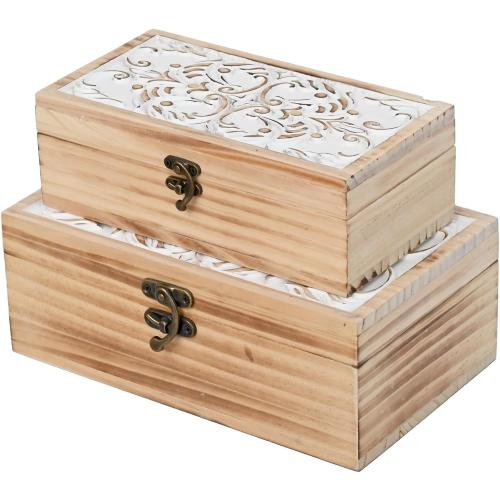 Wooden Storage Box Set of 2 - Hand Carved Floral Decorative Boxes
