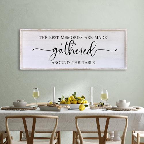 The Best Memories Are Made Gathered Around The Table Wall Decor 40x15 Large Rustic Farmhouse Dining Room Wood Framed Modren Signs Kitchen Home Simple Hanging Wall Art (White)