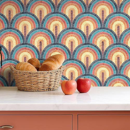 Livelynine 17.5x276 Retro Mid Century Modern Peel and Stick Wallpaper Vintage Rainbow Vinyl Bohemian Bathroom Wallpaper Waterproof Renter Friendly Contact Paper Roll Watercolor Brown Yellow Coral