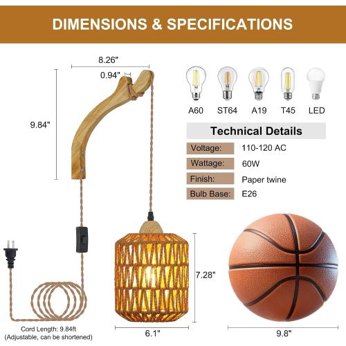Frideko Rattan Wall Lamp with Plug in Cord Hand Woven Plug in Wall Sconces Paper Rope Wall Light Farmhouse Wall Sconce Wall Mounted Light Boho Wall Sconces Wall Lighting for Bedroom Living Room