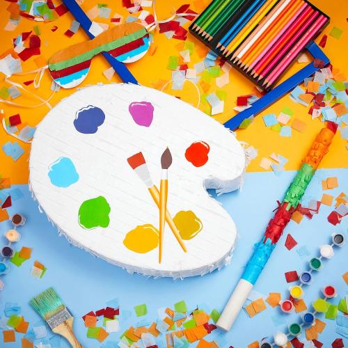 Lewtemi 15.7'' Art Palette Piñata Small Paint Art Piñata with Stick Confetti Blindfold for Boys Girls Birthday Party Painting Favors Classroom Prizes Stocking Stuffers Paint Party Supplies (Drawing)