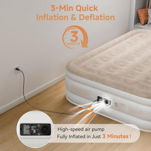 Air Mattress with Built-in Pump, Comfortable Self-Inflating Air Mattress with High-Speed Pump, Durable Blow Up Mattress with Storage Bag for Guests, Camping, Travel (Khaki White, 18 Twin XL)