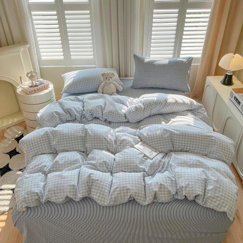 LifeTB Blue Gingham Comforter Set Queen Size Modern Style Plaid Checkered Comforter with 2 Pillowcases Fluffy Soft Grid Bedding Set Farmhouse Gingham Bedding Comforter Set for All Seasons