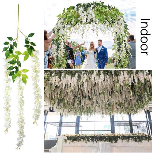 12Pcs Artificial Wisteria Flowers 3.6 Feet/Piece White Dense Artificial Fake Wisteria Vine Ratta Hanging Garland Silk Flowers String Home Party Wedding Decor(White-Dense)