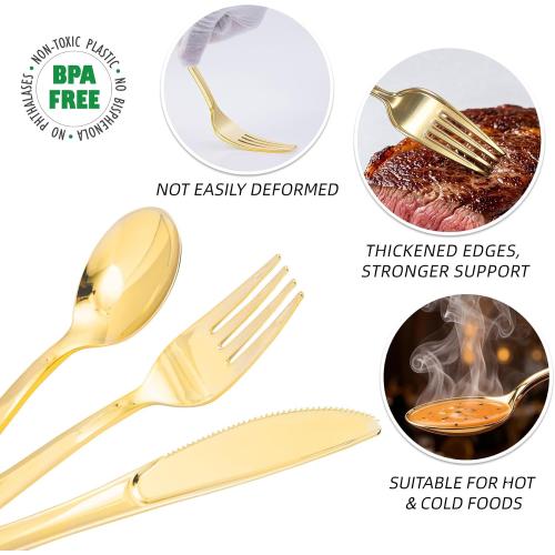 N9R 300PCS Gold Plastic Silverware, Heavy Duty Disposable Cutlery Set
