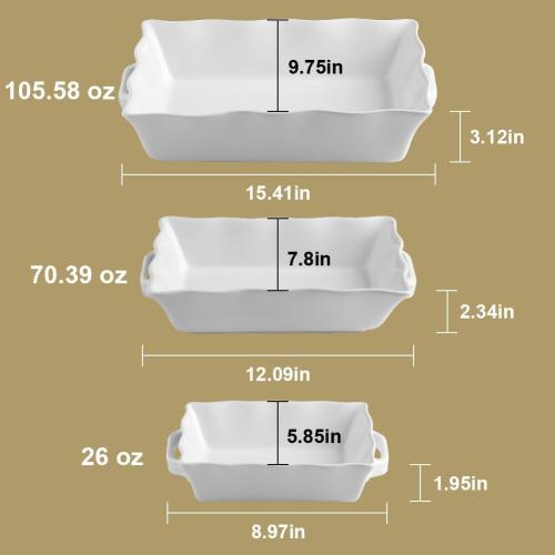 Sweejar Casserole Dishes for Oven, Ceramic Bakeware Set of 3, Rectangular Baking dish with Handles, Wave Edge Lasagna Pan Deep for Cooking, Cake, Dinner, Banquet and Daily Use (Beige)