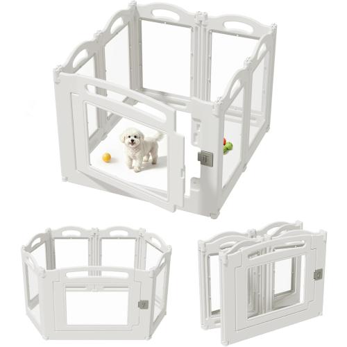 Foldable Clear Acrylic Dog Playpen with Door, 23.6 Acrylic Puppy Playpen, Easy Assemble Indoor Pet Fence with White Frame, Clear Dog Playpen for Puppies & Animal (White, 23.6‘H, 6 Panels   1 Door)