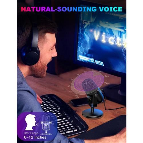 Gaming Microphone with Noise Cancellation & Mute Button, USB Condenser Mic for Streaming/Recording, Ultra-Compact Design, Compatible with PC/Mac/PS4/PS5, Podcast/YouTube/Twitch/Discord (Black)