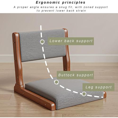 Foldable Japanese Tatami Chair, Solid Wood Legless Floor Chair with Breathable Linen Seat & Back Support, Meditation for Bedroom, Balcony, Bay Window, Walnut gray