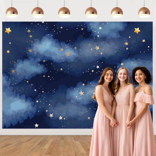 Stars Backdrop Night Sky Backdrop Twinkle Little Star Photography Background Blue Themed Happy 1st Birthday Party Banner Newborn Baby Shower Child Kids Portrait Photo Studio Props 7x5FT Vinyl