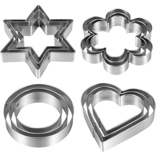 Metal Cookie Cutters Set 12 Pieces, Stainless Steel 3 Heart Cookie Cutters, 3 Star Cookie Cutters, 3 Flower Cookie Cutters, 3 Round Cookie Cutters for Valentine's Day Christmas Holiday