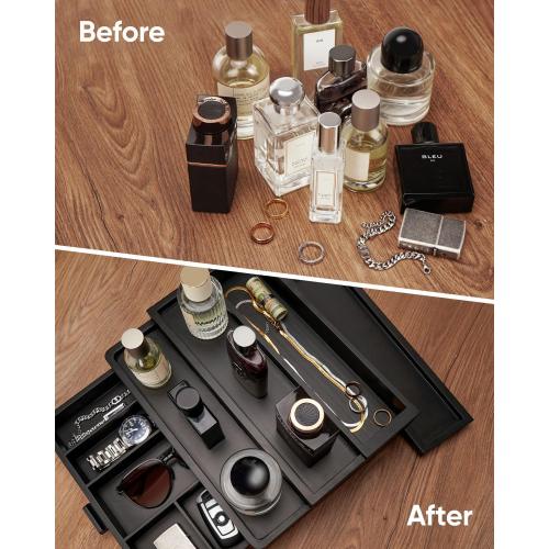 Cologne Organizer for Men, 3 Tier Wooden Cologne Stand with Drawer Storage and Hidden Compartment, Perfume Display Holder for Dresser, Great Gifts for Men and Women Valentine, Black