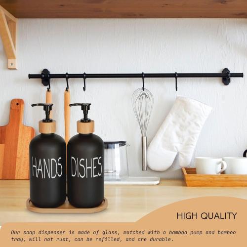 Glass Soap Dispenser Set. Hand and Dish with Bamboo Tray. Vintage Pump for Kitchen Drain Outlet Bathroom. Stylish Permanent Labels (Matte Black)