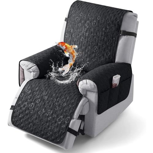 VANSOFY 100% Waterproof Recliner Chair Cover, Recliner Cover with Non-Slip Granule, Washable Reclining Chair with Pocket Furniture Protector for Kids, Pets(Black, 30)