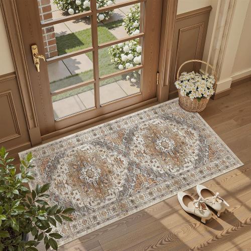 Madane Washable Area Rug 2x4, Small Entryway Rugs Non-Slip, Turmeric/Grey