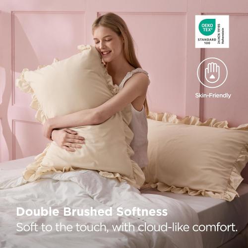 Bedsure Ruffle Pillow Cases Standard Size Set of 2, Beige Pillow Shams | 2.7 French Ruffles, Distressed Vintage Shams, Envelope Closure, Double-brushed Microfiber, 20 x 26, Wrinkle Fade Resistant